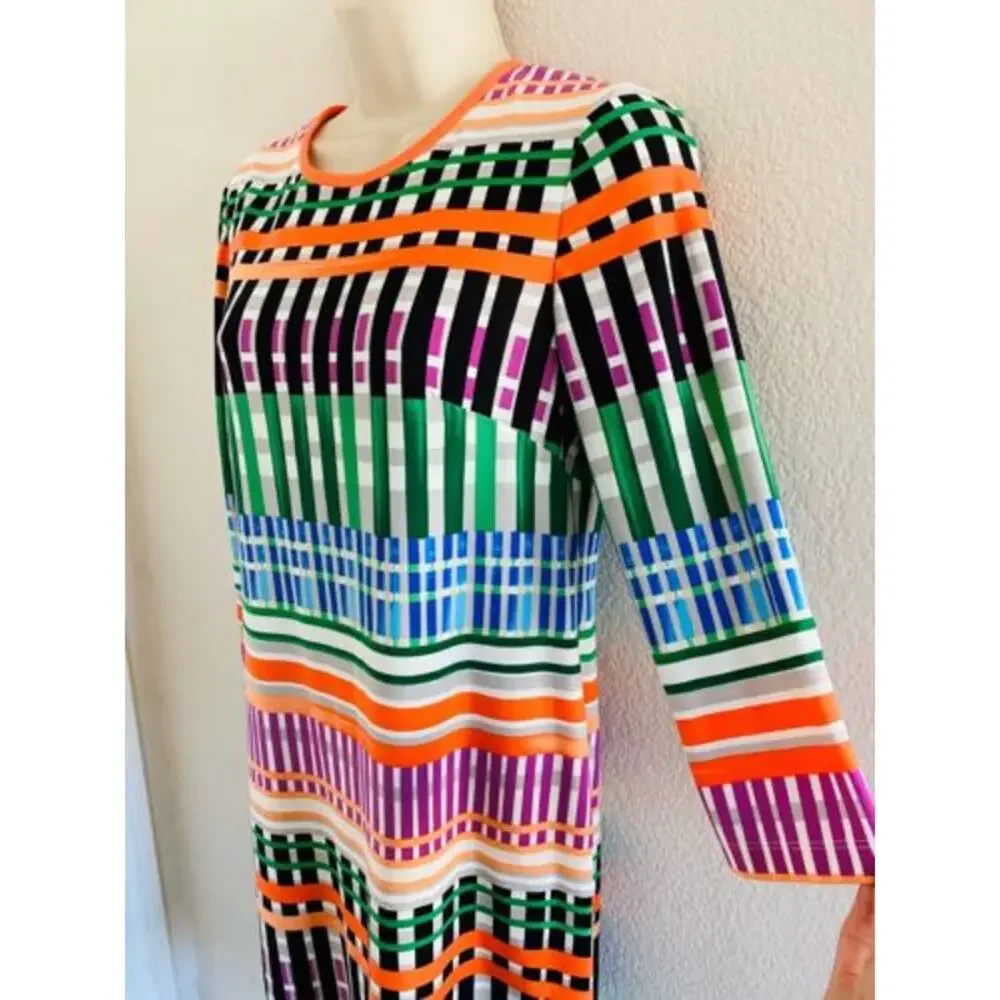 Eliza J Shift Dress Women's 8 Striped 3/4 Sleeve Crew Neck Lined Multicolor